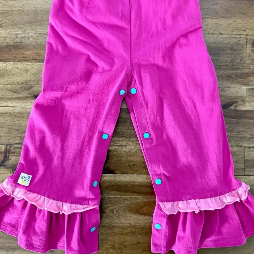 Wildflowers Girls First Love Pink Ruffled Overalls with Cream Heart Top Set 4
